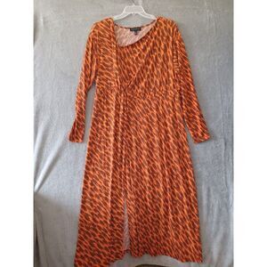 Eloquii Sz 20 Maxi Dress Long Sleeve Orange Brown Print Front Slit New Stretch